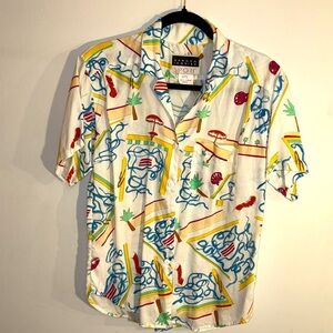 Vintage Swimming Pool Print Button Up Short Sleeve Shirt Cruise Vacation Resort